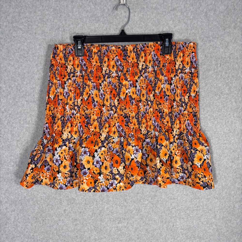 H&M Divided‎ Smocked Mini Skirt Large Orange Floral Ruffle Hem Cottage Feminine